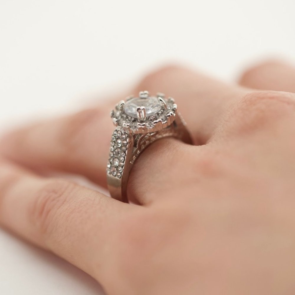 925 14KT Gold Dipped White Topaz Halo Engagement - Picture 3 of 5
